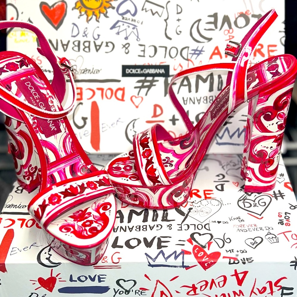 Dolce and Gabbana Printed polished calfskin platform sandals